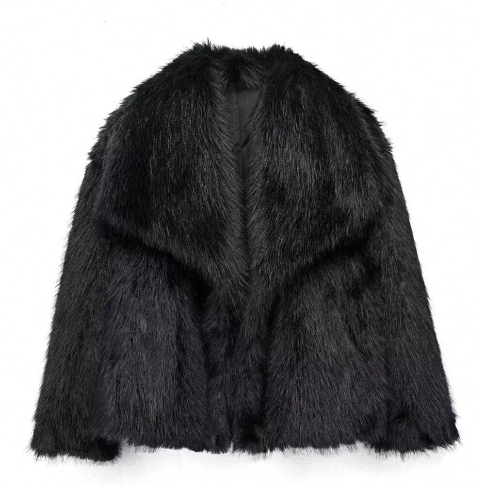 Black Preppy Women's Casual Luxury Faux Fur Coat